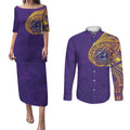 Personalized Melbourne Storm Couples Matching Puletasi and Long Sleeve Button Shirt Polynesian Tribal Chest and Sleeve Tattoo