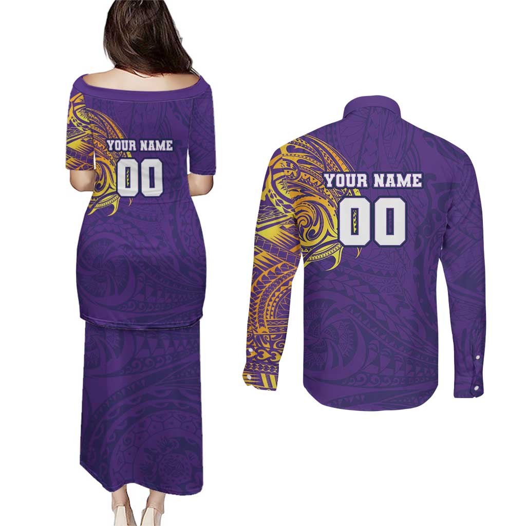 Personalized Melbourne Storm Couples Matching Puletasi and Long Sleeve Button Shirt Polynesian Tribal Chest and Sleeve Tattoo