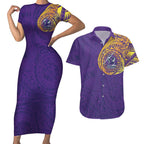 Personalized Melbourne Storm Couples Matching Short Sleeve Bodycon Dress and Hawaiian Shirt Polynesian Tribal Chest and Sleeve Tattoo