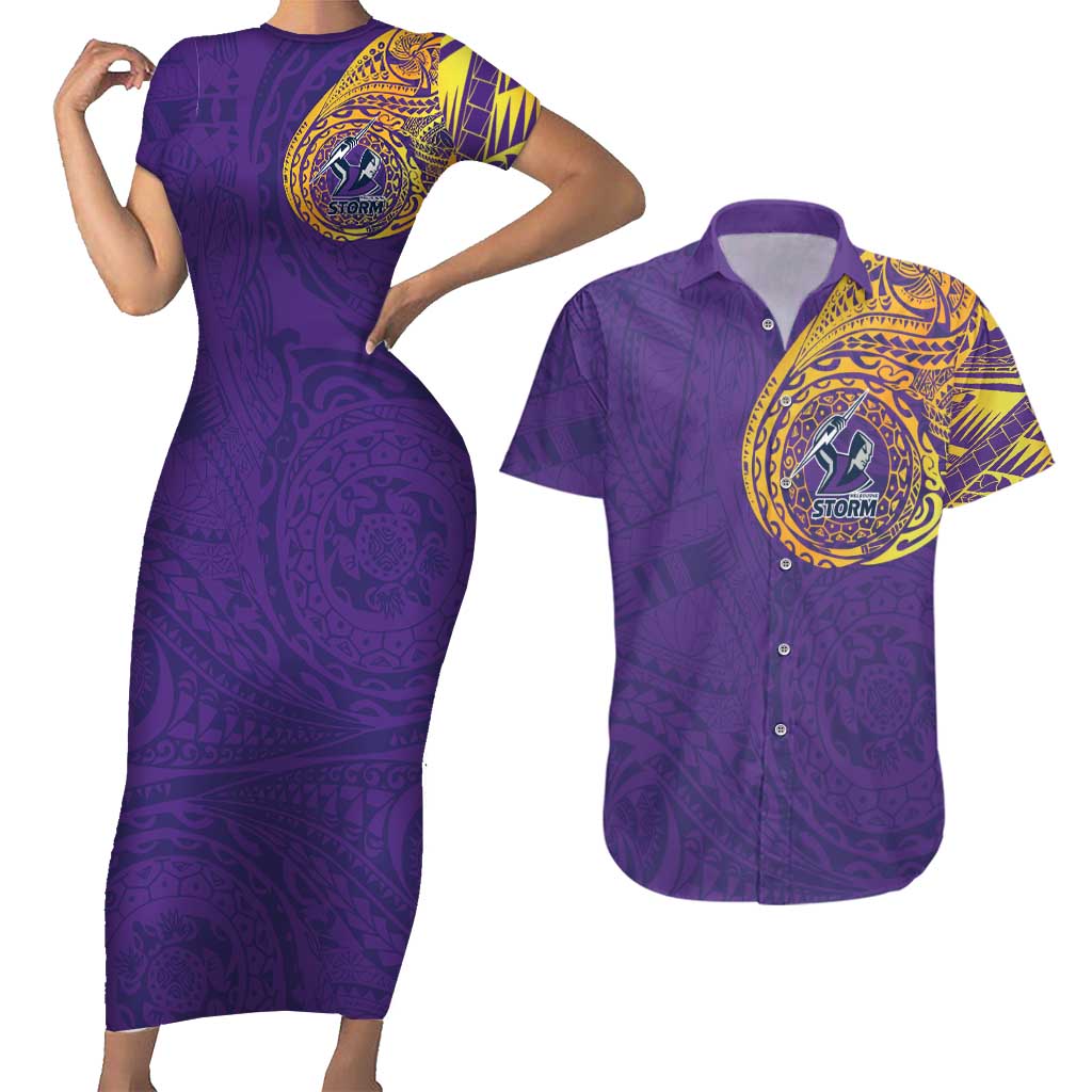 Personalized Melbourne Storm Couples Matching Short Sleeve Bodycon Dress and Hawaiian Shirt Polynesian Tribal Chest and Sleeve Tattoo