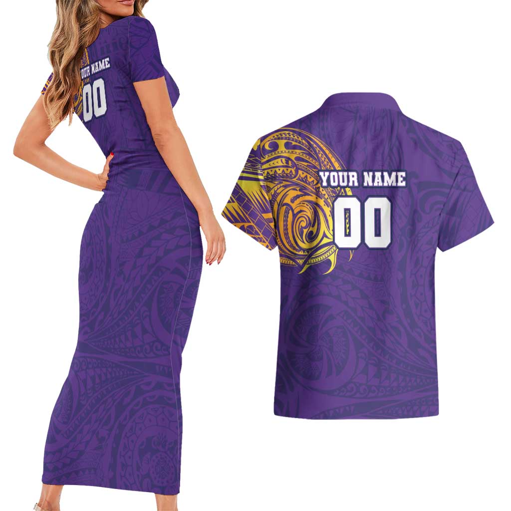 Personalized Melbourne Storm Couples Matching Short Sleeve Bodycon Dress and Hawaiian Shirt Polynesian Tribal Chest and Sleeve Tattoo