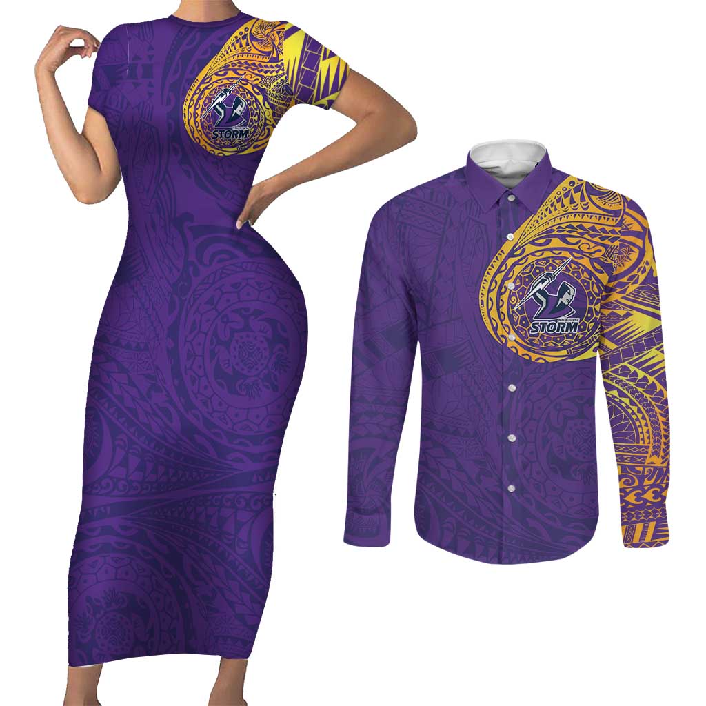 Personalized Melbourne Storm Couples Matching Short Sleeve Bodycon Dress and Long Sleeve Button Shirt Polynesian Tribal Chest and Sleeve Tattoo