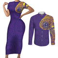 Personalized Melbourne Storm Couples Matching Short Sleeve Bodycon Dress and Long Sleeve Button Shirt Polynesian Tribal Chest and Sleeve Tattoo