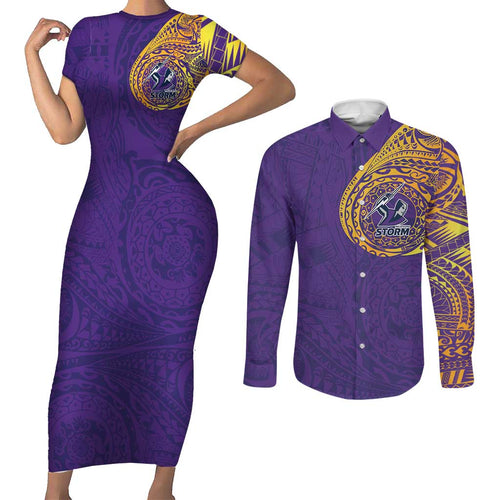 Personalized Melbourne Storm Couples Matching Short Sleeve Bodycon Dress and Long Sleeve Button Shirt Polynesian Tribal Chest and Sleeve Tattoo