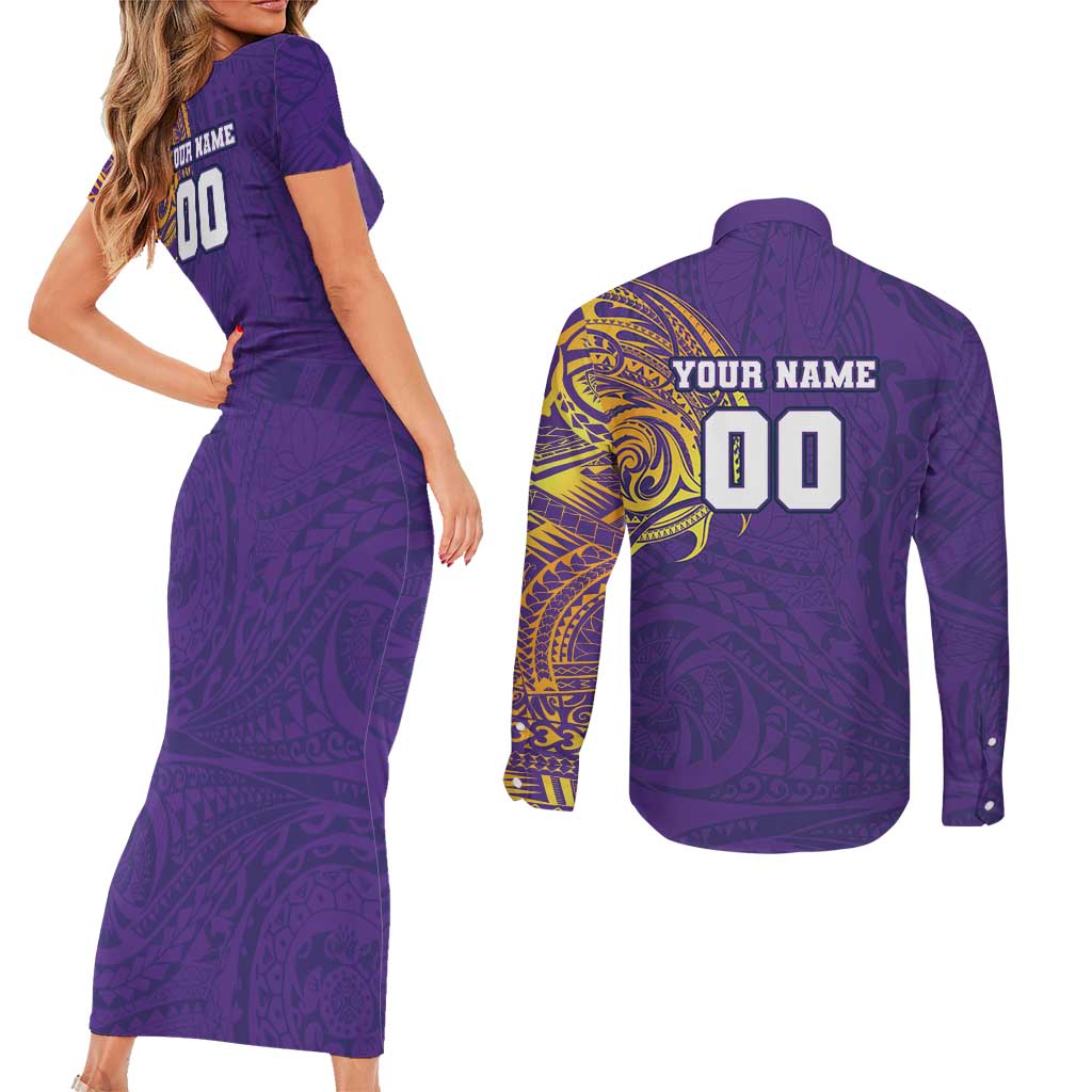 Personalized Melbourne Storm Couples Matching Short Sleeve Bodycon Dress and Long Sleeve Button Shirt Polynesian Tribal Chest and Sleeve Tattoo
