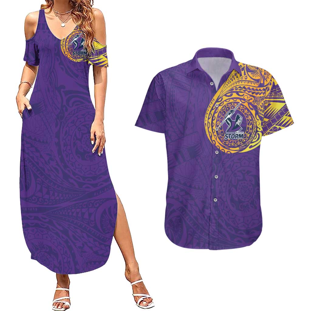 Personalized Melbourne Storm Couples Matching Summer Maxi Dress and Hawaiian Shirt Polynesian Tribal Chest and Sleeve Tattoo