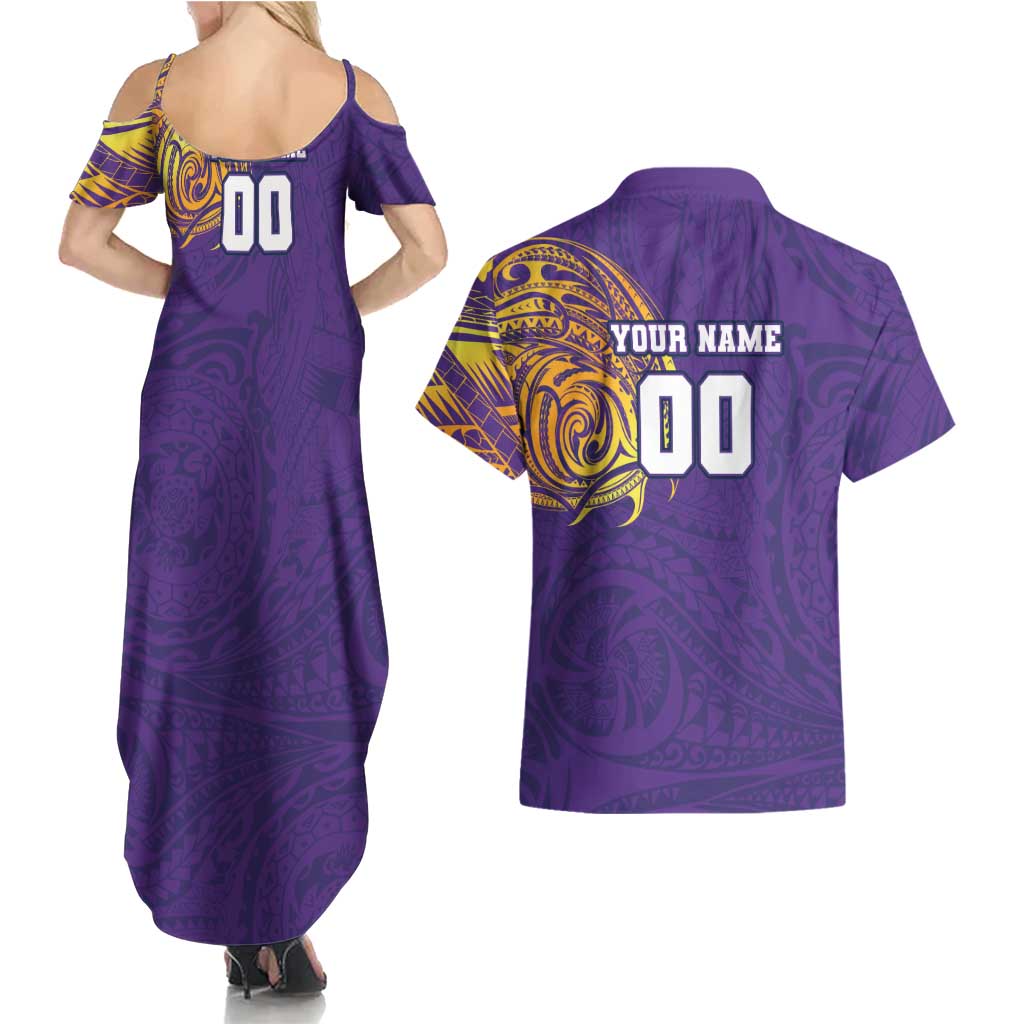 Personalized Melbourne Storm Couples Matching Summer Maxi Dress and Hawaiian Shirt Polynesian Tribal Chest and Sleeve Tattoo