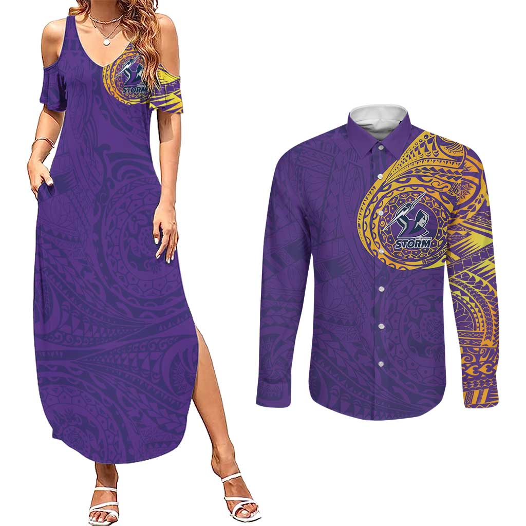 Personalized Melbourne Storm Couples Matching Summer Maxi Dress and Long Sleeve Button Shirt Polynesian Tribal Chest and Sleeve Tattoo