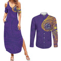 Personalized Melbourne Storm Couples Matching Summer Maxi Dress and Long Sleeve Button Shirt Polynesian Tribal Chest and Sleeve Tattoo