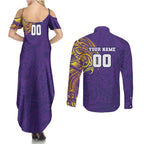 Personalized Melbourne Storm Couples Matching Summer Maxi Dress and Long Sleeve Button Shirt Polynesian Tribal Chest and Sleeve Tattoo