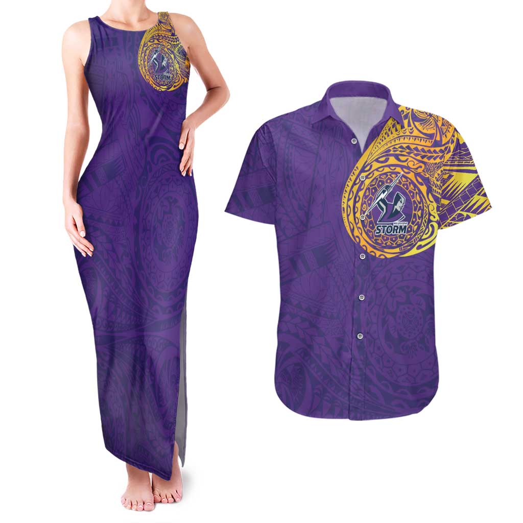 Personalized Melbourne Storm Couples Matching Tank Maxi Dress and Hawaiian Shirt Polynesian Tribal Chest and Sleeve Tattoo