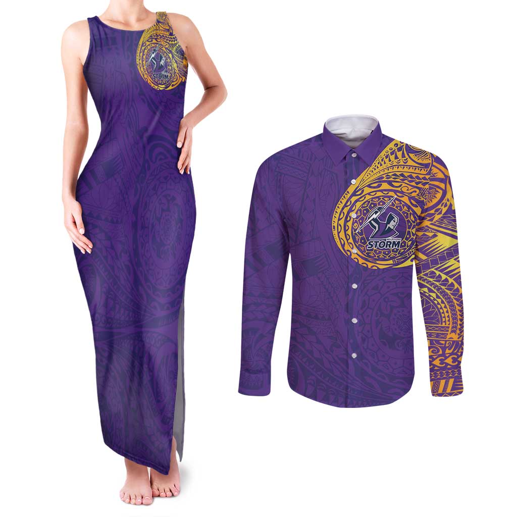 Personalized Melbourne Storm Couples Matching Tank Maxi Dress and Long Sleeve Button Shirt Polynesian Tribal Chest and Sleeve Tattoo
