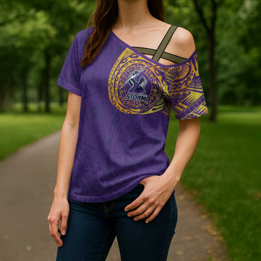 Personalized Melbourne Storm Cross Shoulder Shirt Polynesian Tribal Chest and Sleeve Tattoo