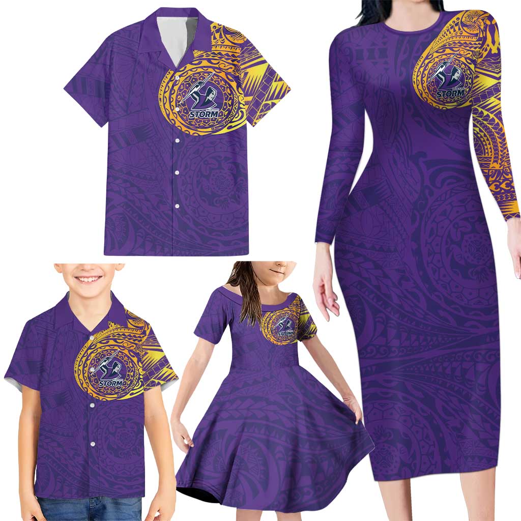 Personalized Melbourne Storm Family Matching Long Sleeve Bodycon Dress and Hawaiian Shirt Polynesian Tribal Chest and Sleeve Tattoo