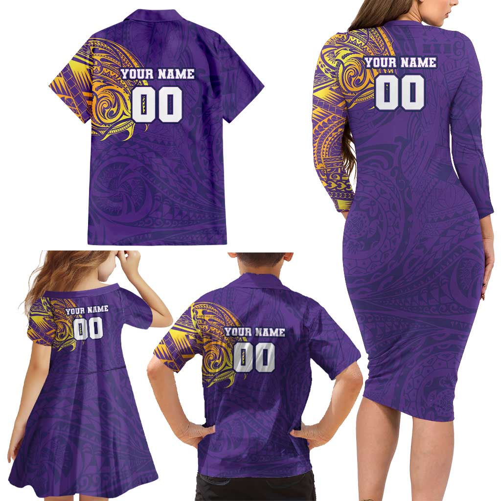 Personalized Melbourne Storm Family Matching Long Sleeve Bodycon Dress and Hawaiian Shirt Polynesian Tribal Chest and Sleeve Tattoo