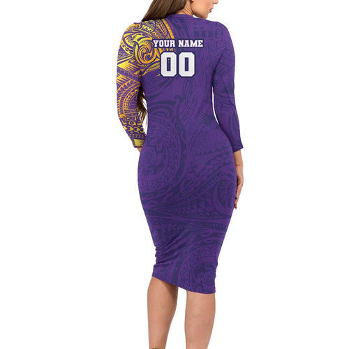 Personalized Melbourne Storm Family Matching Long Sleeve Bodycon Dress and Hawaiian Shirt Polynesian Tribal Chest and Sleeve Tattoo