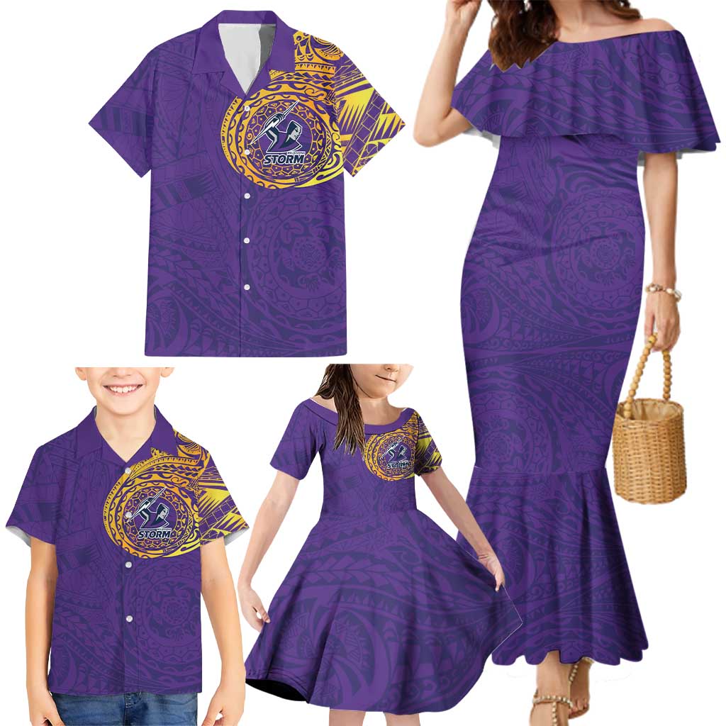 Personalized Melbourne Storm Family Matching Mermaid Dress and Hawaiian Shirt Polynesian Tribal Chest and Sleeve Tattoo