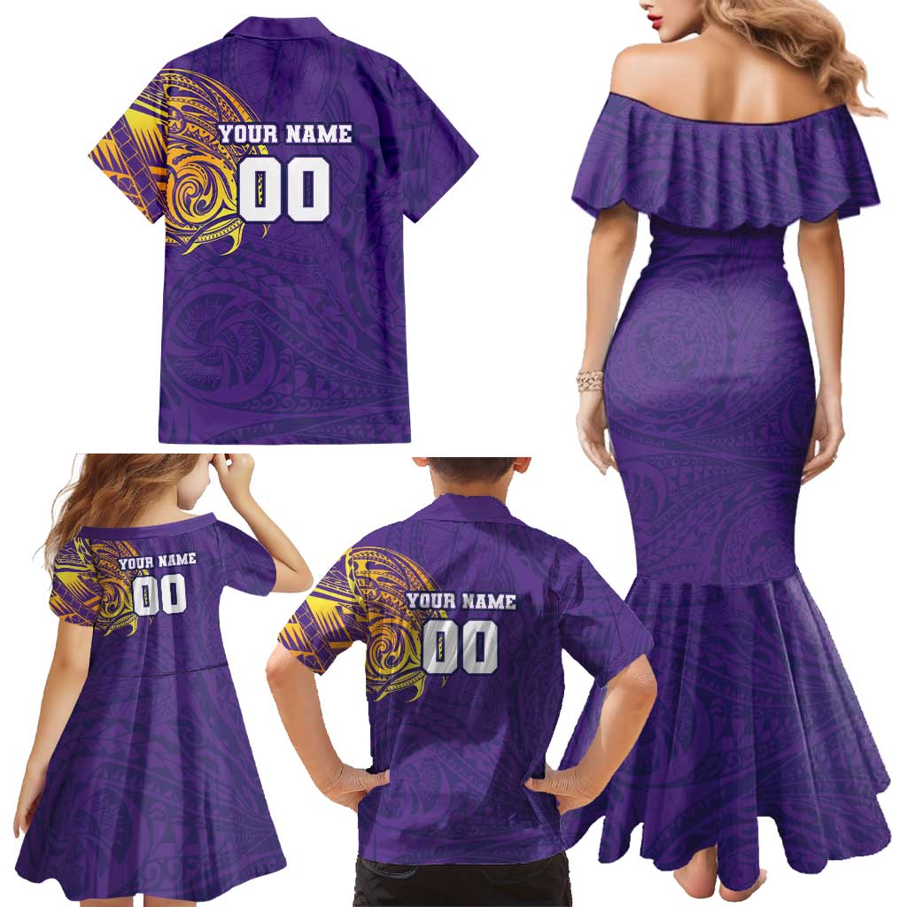 Personalized Melbourne Storm Family Matching Mermaid Dress and Hawaiian Shirt Polynesian Tribal Chest and Sleeve Tattoo