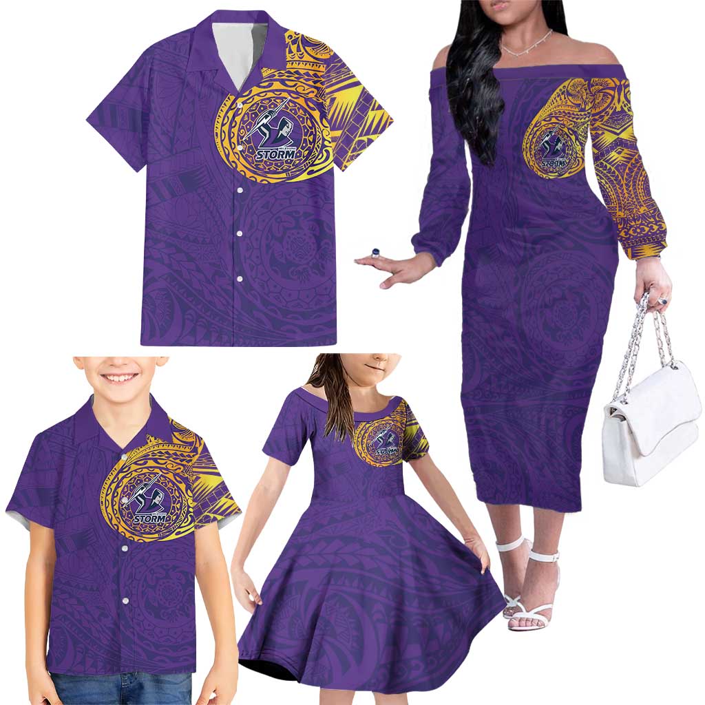 Personalized Melbourne Storm Family Matching Off The Shoulder Long Sleeve Dress and Hawaiian Shirt Polynesian Tribal Chest and Sleeve Tattoo