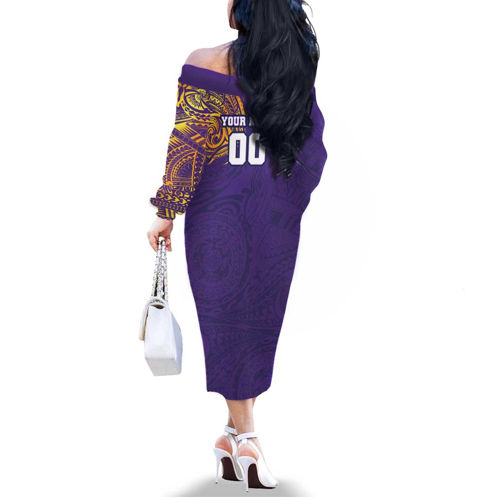 Personalized Melbourne Storm Family Matching Off The Shoulder Long Sleeve Dress and Hawaiian Shirt Polynesian Tribal Chest and Sleeve Tattoo