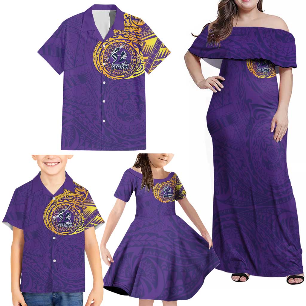 Personalized Melbourne Storm Family Matching Off Shoulder Maxi Dress and Hawaiian Shirt Polynesian Tribal Chest and Sleeve Tattoo