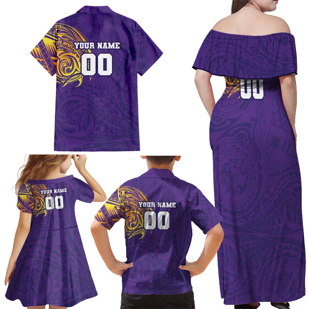 Personalized Melbourne Storm Family Matching Off Shoulder Maxi Dress and Hawaiian Shirt Polynesian Tribal Chest and Sleeve Tattoo