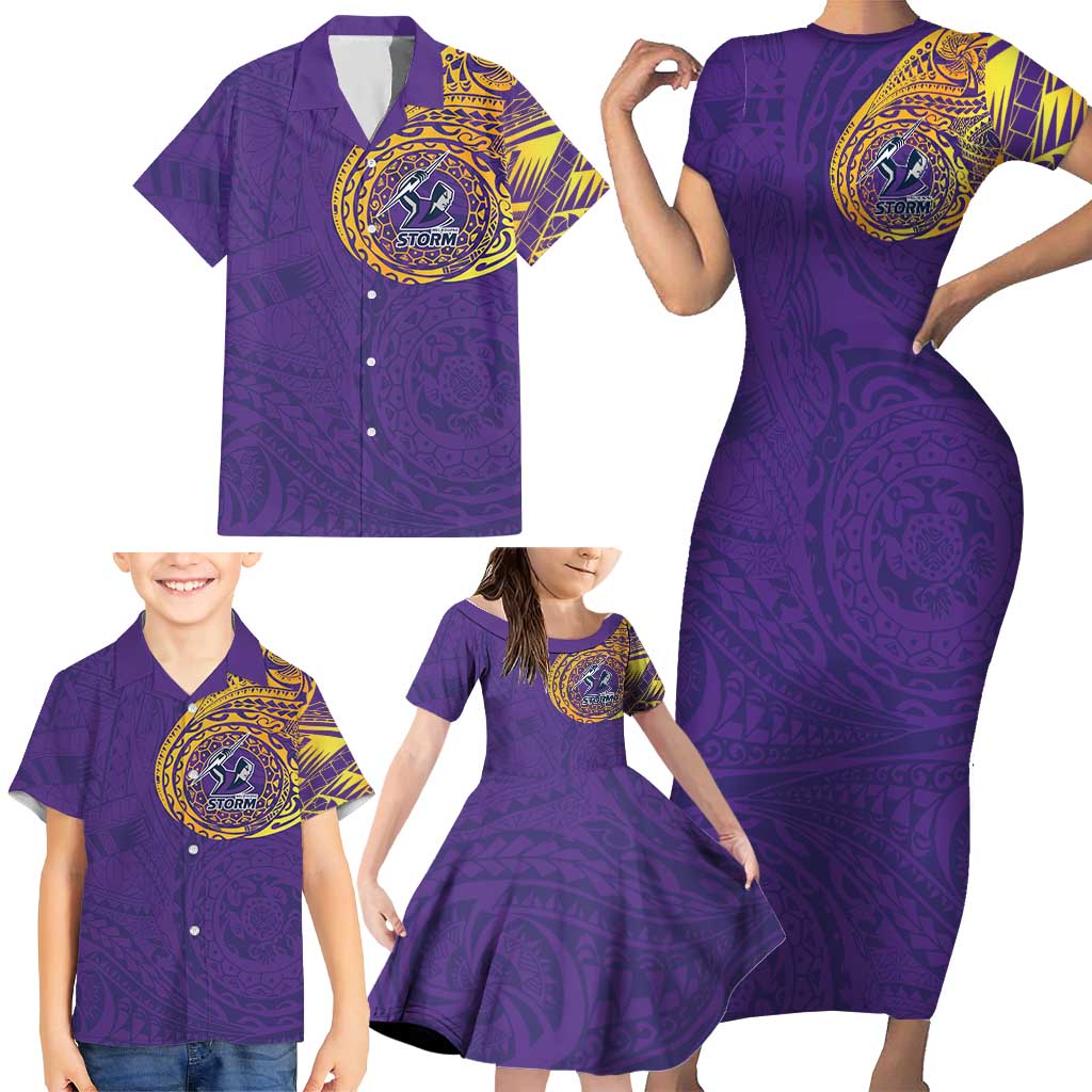 Personalized Melbourne Storm Family Matching Short Sleeve Bodycon Dress and Hawaiian Shirt Polynesian Tribal Chest and Sleeve Tattoo