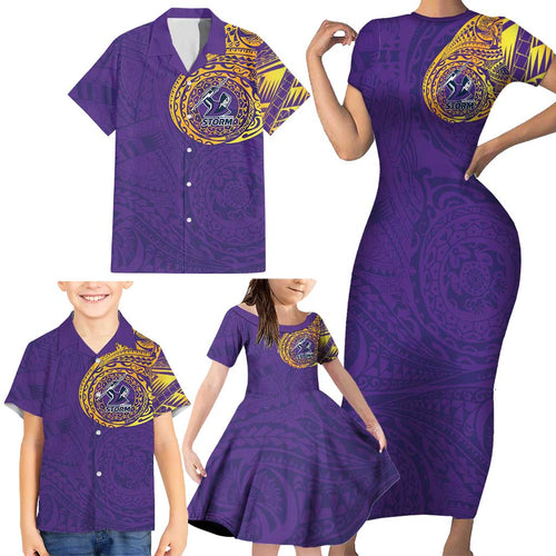 Personalized Melbourne Storm Family Matching Short Sleeve Bodycon Dress and Hawaiian Shirt Polynesian Tribal Chest and Sleeve Tattoo