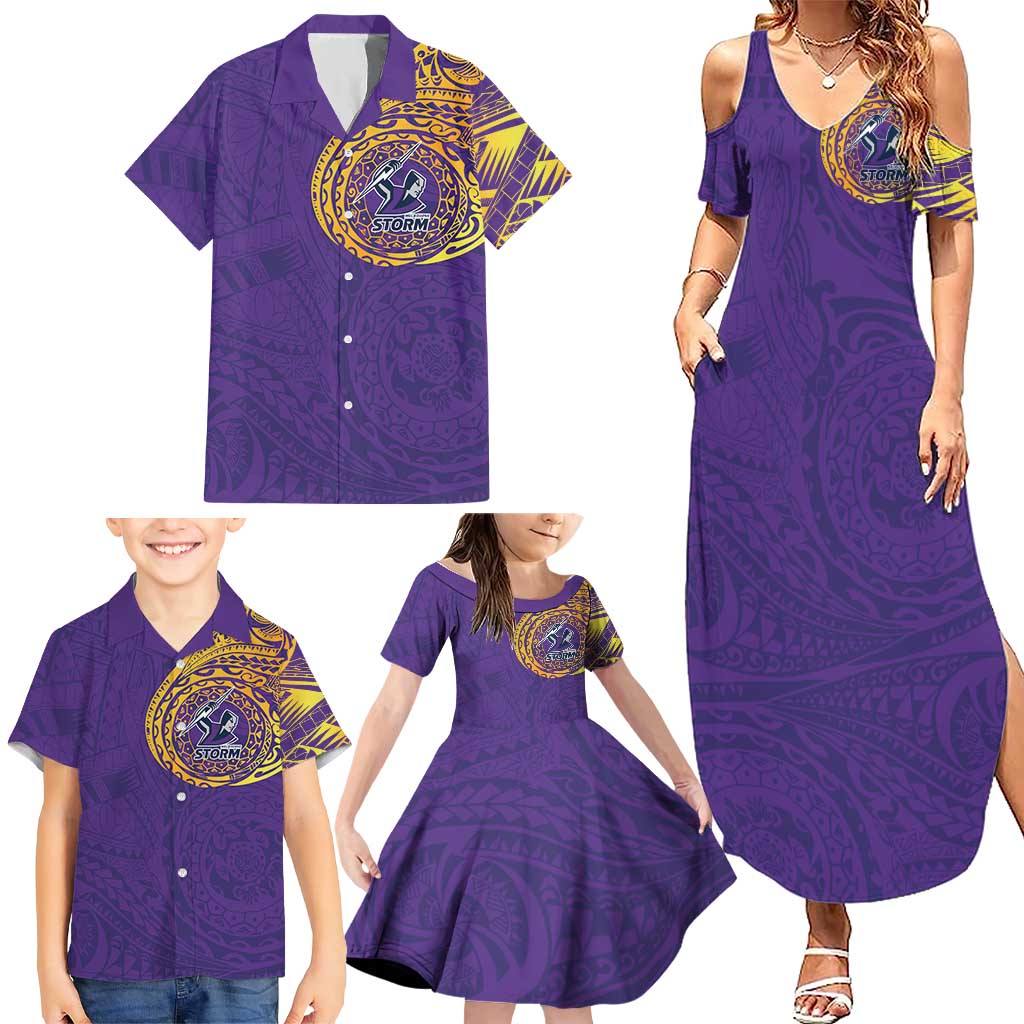 Personalized Melbourne Storm Family Matching Summer Maxi Dress and Hawaiian Shirt Polynesian Tribal Chest and Sleeve Tattoo