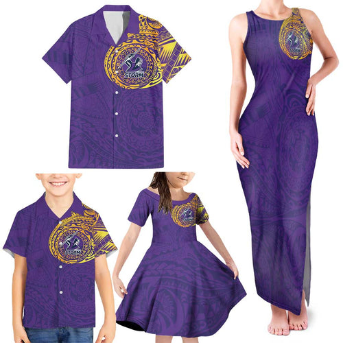 Personalized Melbourne Storm Family Matching Tank Maxi Dress and Hawaiian Shirt Polynesian Tribal Chest and Sleeve Tattoo