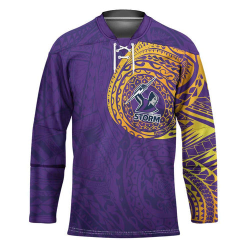 Personalized Melbourne Storm Hockey Jersey Polynesian Tribal Chest and Sleeve Tattoo