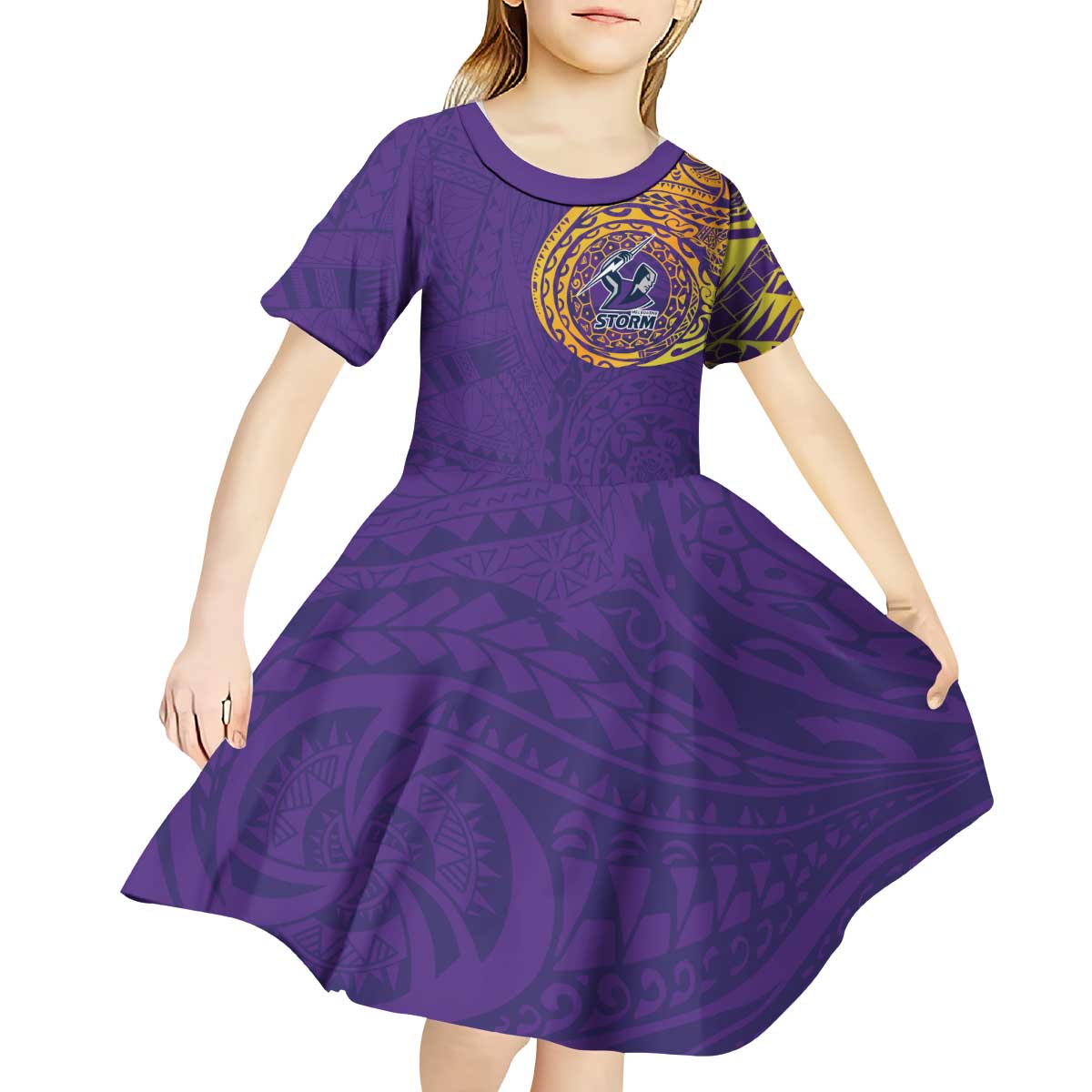 Personalized Melbourne Storm Kid Short Sleeve Dress Polynesian Tribal Chest and Sleeve Tattoo