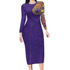 Personalized Melbourne Storm Long Sleeve Bodycon Dress Polynesian Tribal Chest and Sleeve Tattoo