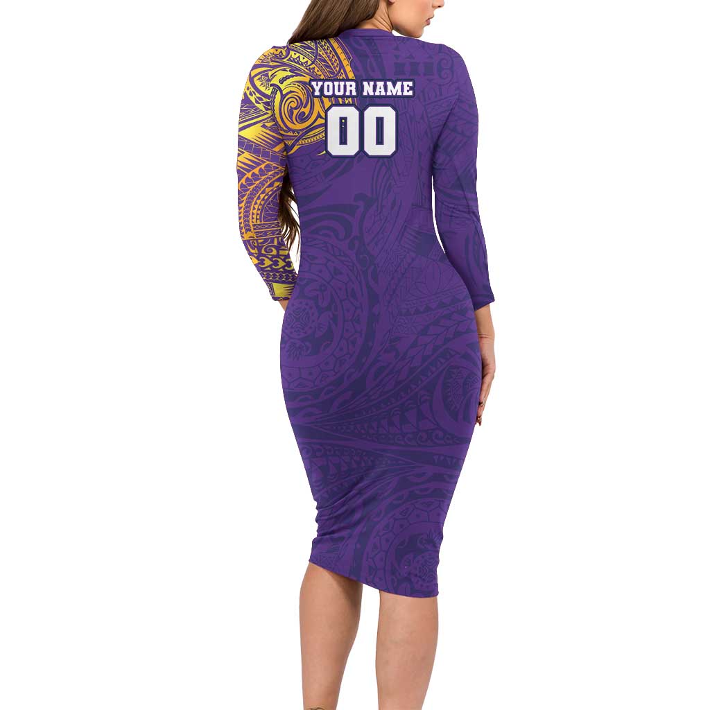 Personalized Melbourne Storm Long Sleeve Bodycon Dress Polynesian Tribal Chest and Sleeve Tattoo