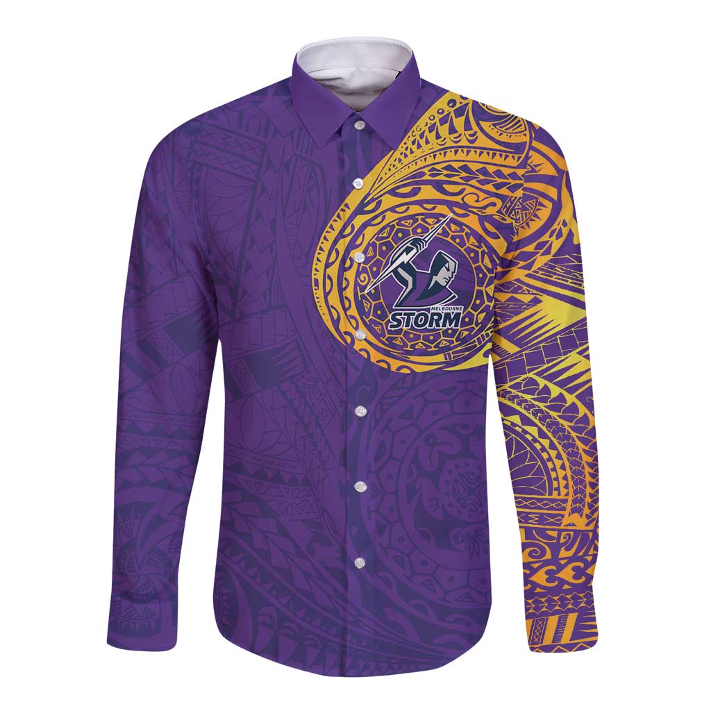Personalized Melbourne Storm Long Sleeve Button Shirt Polynesian Tribal Chest and Sleeve Tattoo