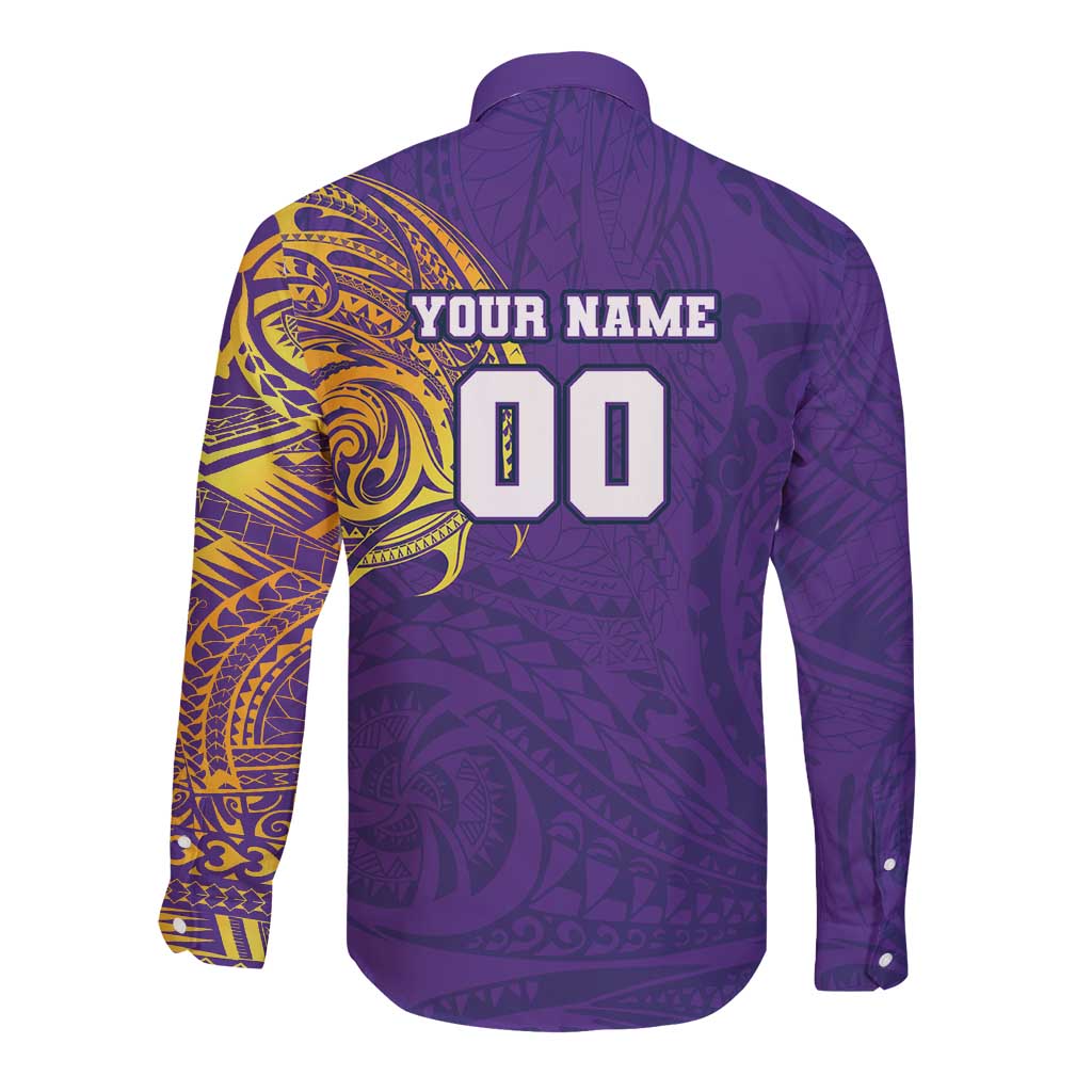 Personalized Melbourne Storm Long Sleeve Button Shirt Polynesian Tribal Chest and Sleeve Tattoo