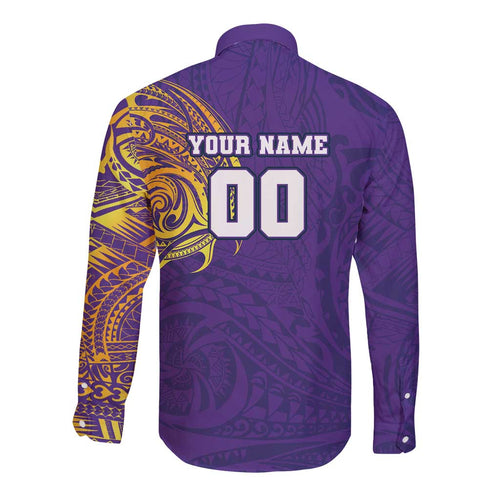 Personalized Melbourne Storm Long Sleeve Button Shirt Polynesian Tribal Chest and Sleeve Tattoo