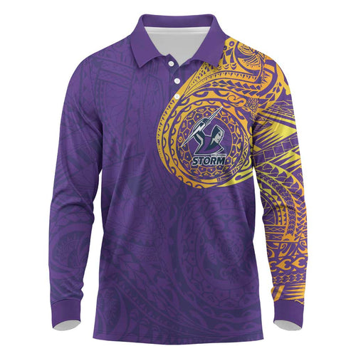 Personalized Melbourne Storm Long Sleeve Polo Shirt Polynesian Tribal Chest and Sleeve Tattoo