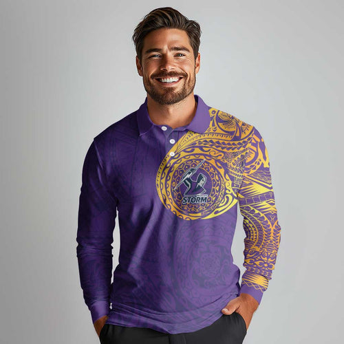 Personalized Melbourne Storm Long Sleeve Polo Shirt Polynesian Tribal Chest and Sleeve Tattoo