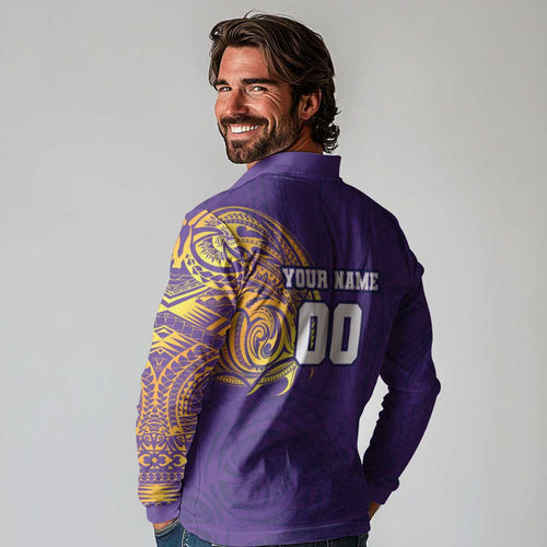 Personalized Melbourne Storm Long Sleeve Polo Shirt Polynesian Tribal Chest and Sleeve Tattoo