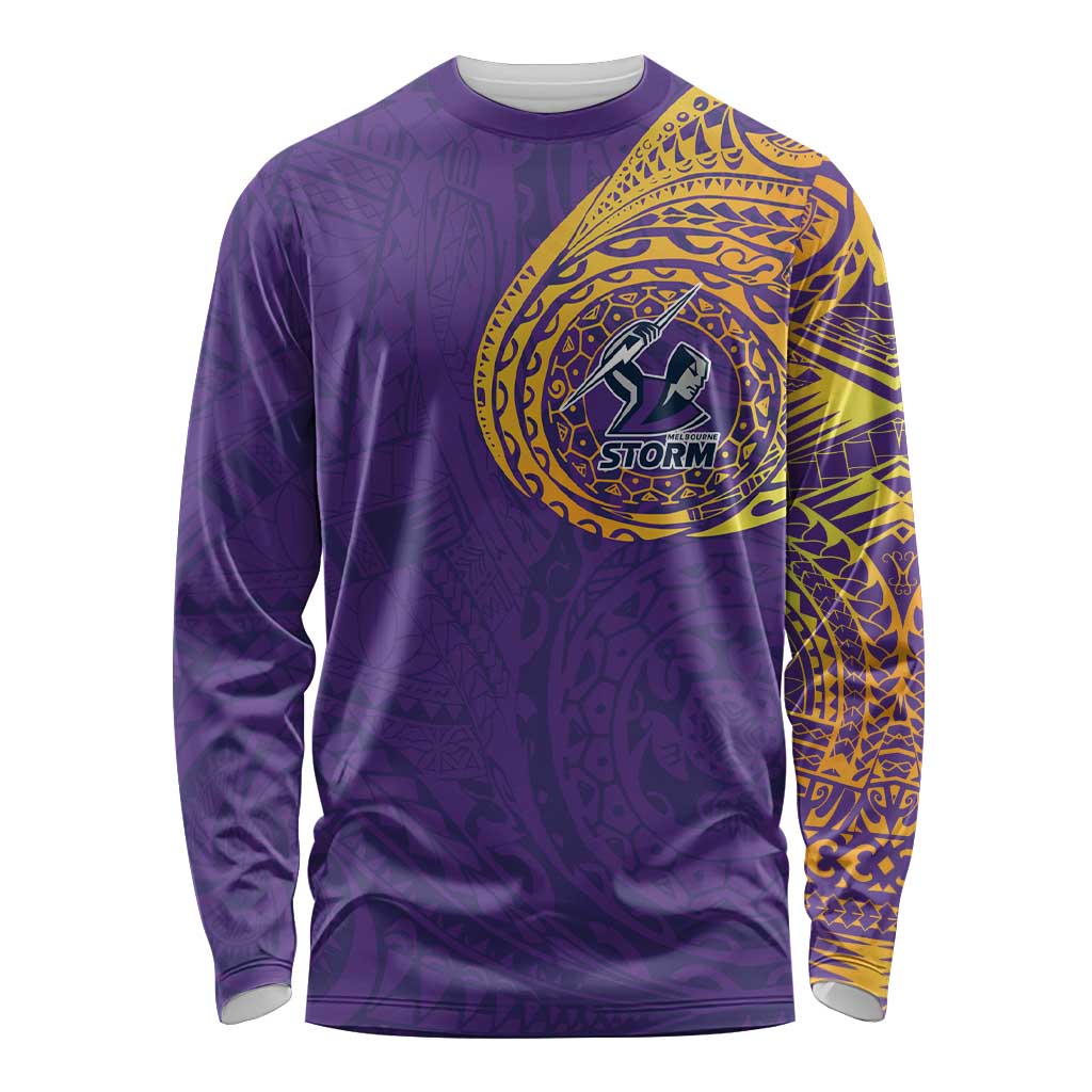 Personalized Melbourne Storm Long Sleeve Shirt Polynesian Tribal Chest and Sleeve Tattoo