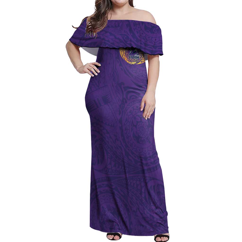 Personalized Melbourne Storm Off Shoulder Maxi Dress Polynesian Tribal Chest and Sleeve Tattoo