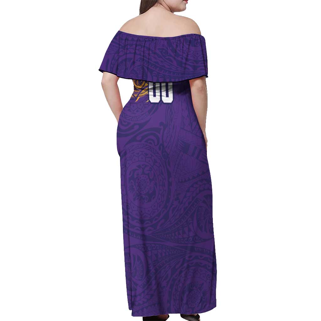 Personalized Melbourne Storm Off Shoulder Maxi Dress Polynesian Tribal Chest and Sleeve Tattoo