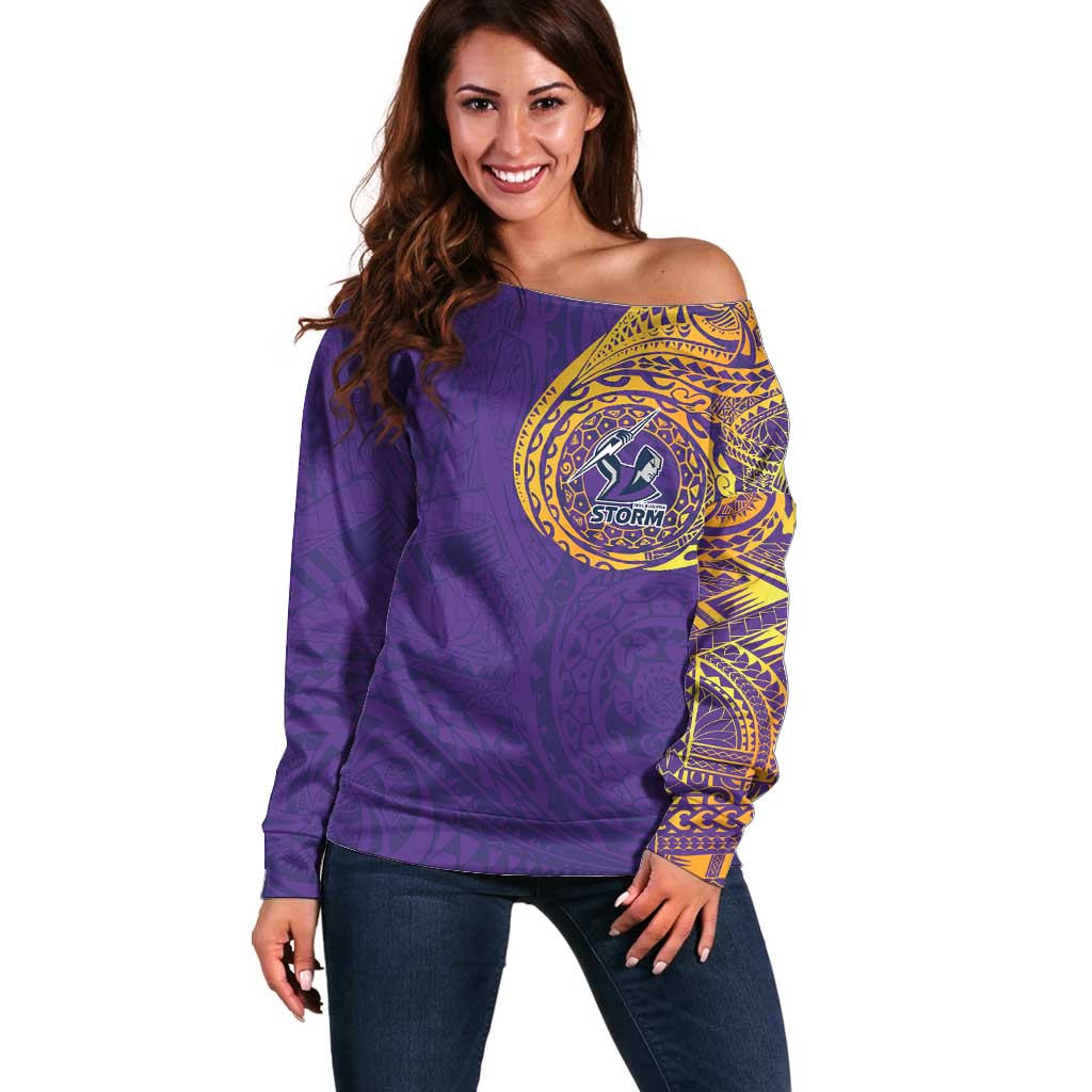 Personalized Melbourne Storm Off Shoulder Sweater Polynesian Tribal Chest and Sleeve Tattoo