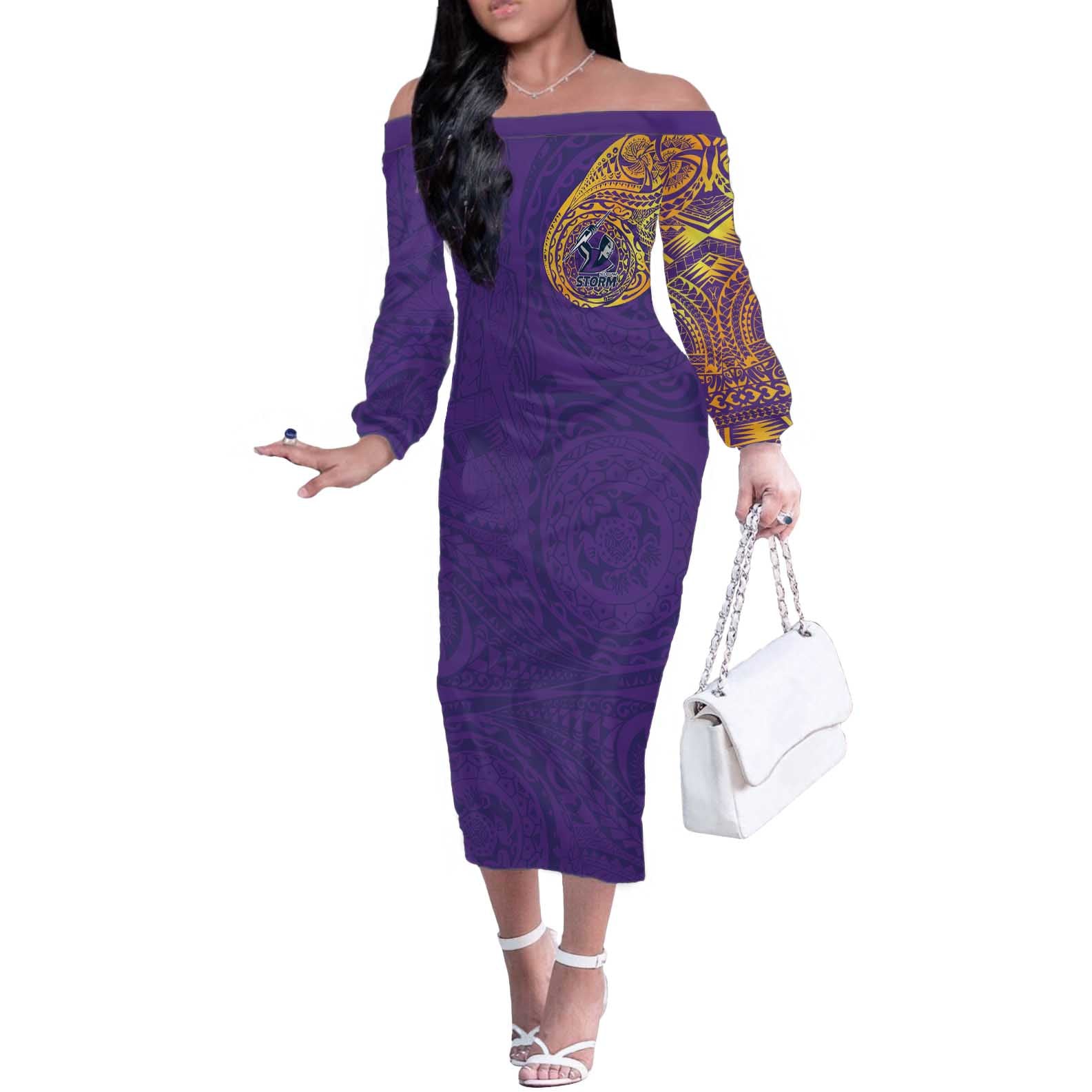 Personalized Melbourne Storm Off The Shoulder Long Sleeve Dress Polynesian Tribal Chest and Sleeve Tattoo