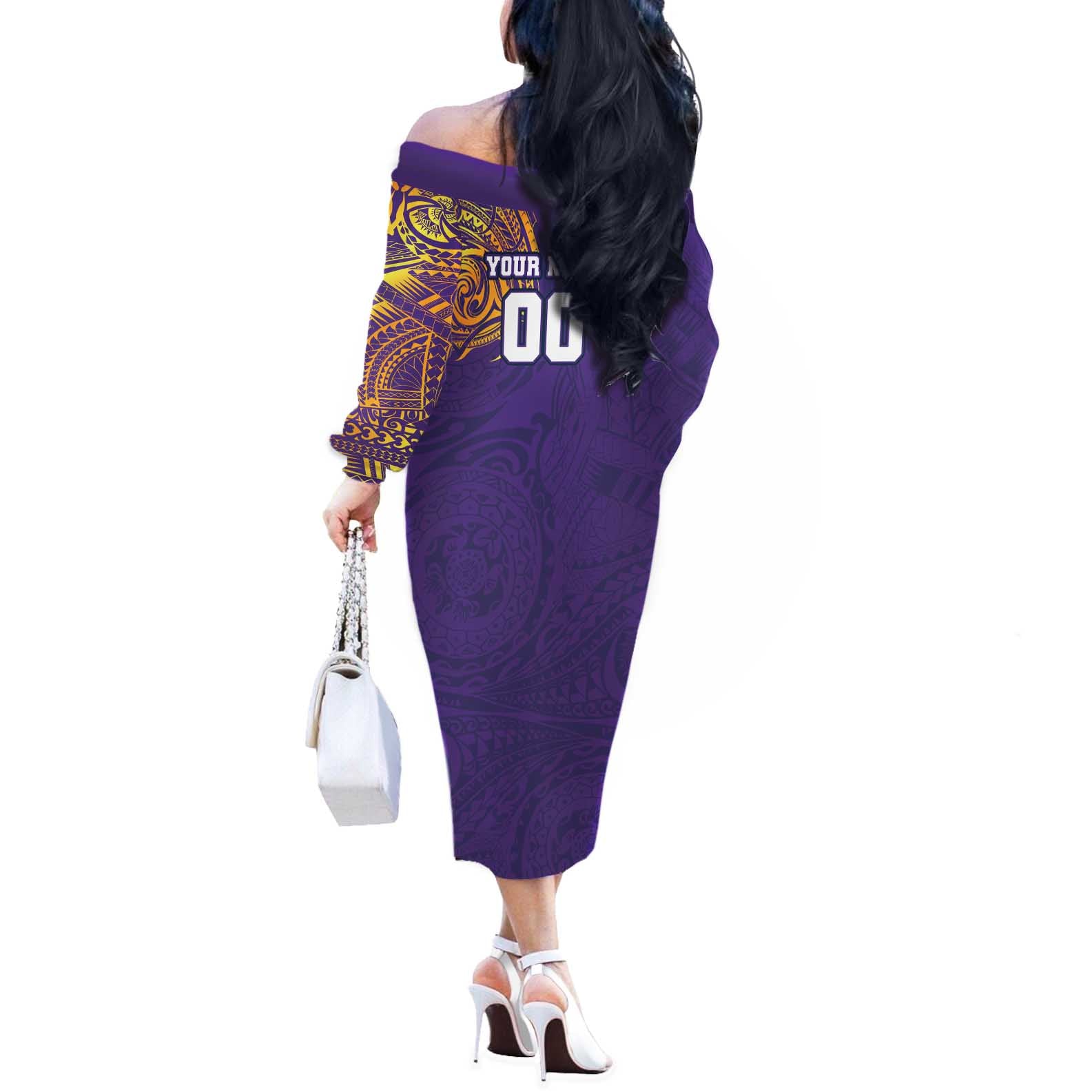Personalized Melbourne Storm Off The Shoulder Long Sleeve Dress Polynesian Tribal Chest and Sleeve Tattoo