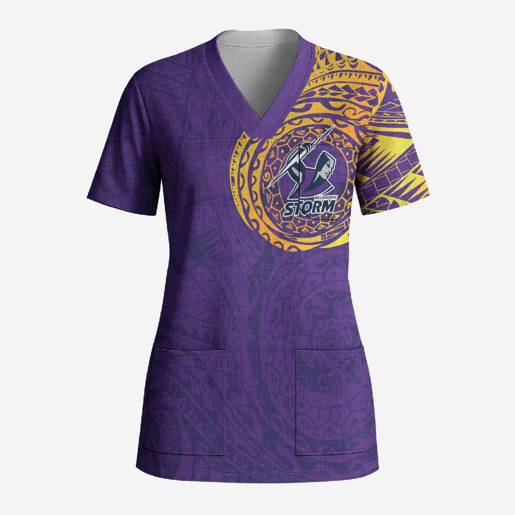 Personalized Melbourne Storm Scrub Top Polynesian Tribal Chest and Sleeve Tattoo