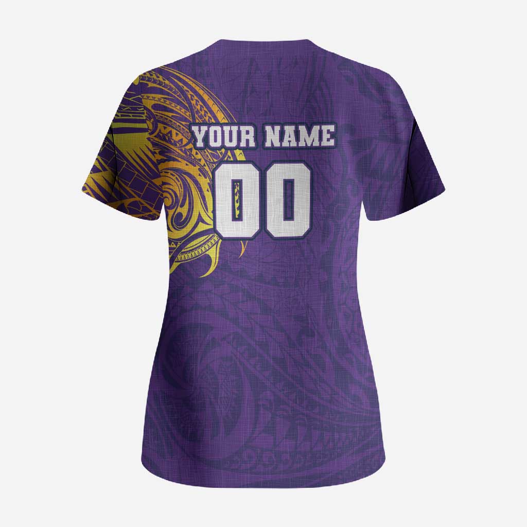 Personalized Melbourne Storm Scrub Top Polynesian Tribal Chest and Sleeve Tattoo