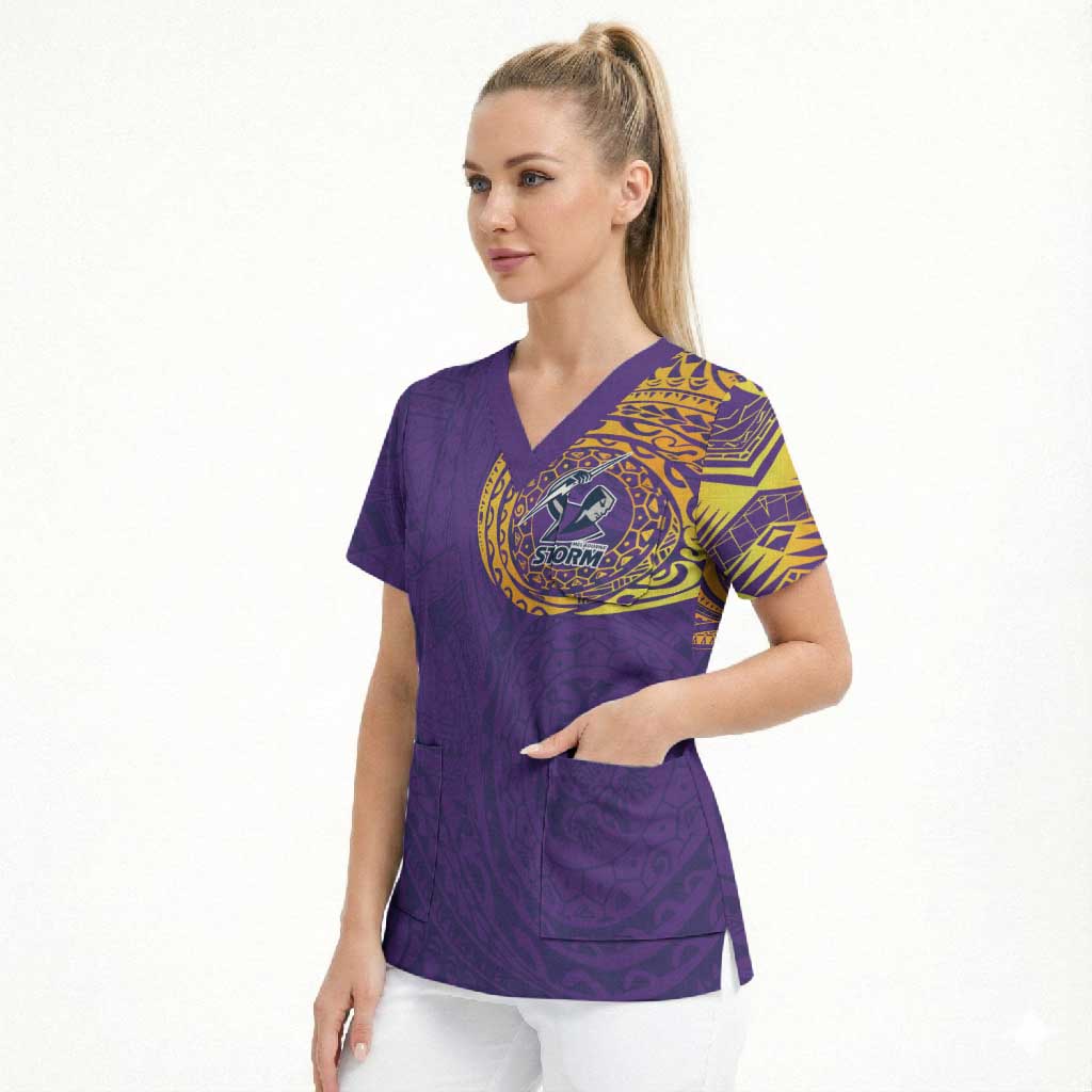 Personalized Melbourne Storm Scrub Top Polynesian Tribal Chest and Sleeve Tattoo