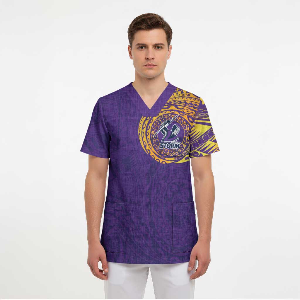 Personalized Melbourne Storm Scrub Top Polynesian Tribal Chest and Sleeve Tattoo